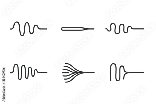 Vibrating Energy Flow. Line style icons of a trembling conduit narrowing to clarity: undulating line compressing to focus end,