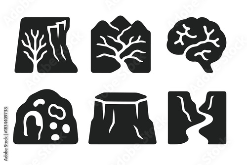 Cognitive Landscape Icons. Solid style icons of cognitive landscapes: dendritic cliff formation, neural valley pattern,