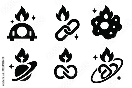 Cosmic Fire Icons. Solid style icons of cosmic fire: stellar ignition bridge, galactic flame link, radiant nebula spark, celestial