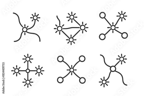 Glowing Nectar Pathways. Icons for: glowing nectar nodes joining paths, luminous honey points connecting routes, radiant liquid