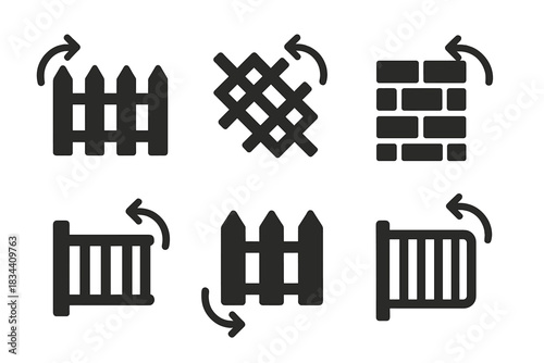 Rhythmic Barrier Icons. Solid style icons of rhythmic boundaries: rhythmic fence turning points, patterned barrier rotations,