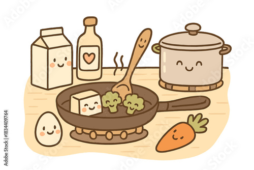 Allergy-Friendly Cooking Delight. Cute doodle illustration of food allergy safe cooking with smiling ingredients, utensils, and