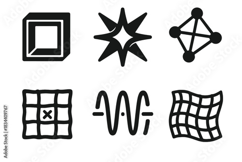 Conceptual Structure Icons. Solid style icons of conceptual structure: rotating paradox frame, dynamic geometry cross, quivering