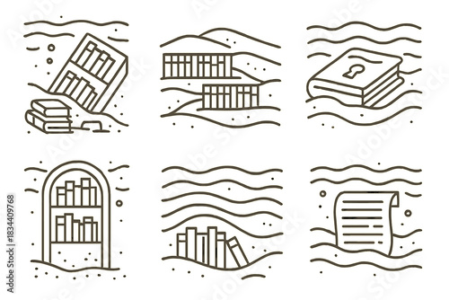 Buried Knowledge Icons. Icons for: a sunken library mural design, a deep archive wall pattern, a buried codex artwork symbolizing