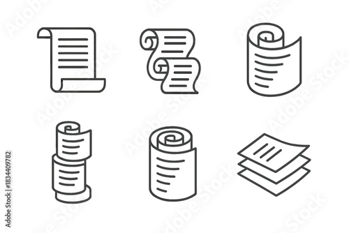 Transparent Scroll Icons. Icons for: transparent scroll structures unfolding upward, layered glass rolls creating form, clear