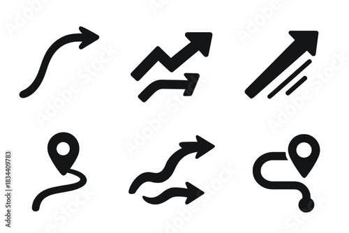 Dynamic Motion Icons. Solid style icons of motion strategy: dynamic path curve, adaptive route arrow, shifting travel beam,