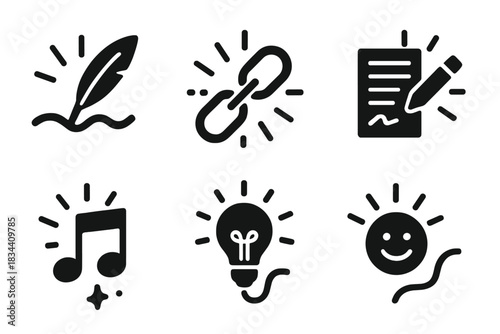 Poetic Light Icons. Solid style icons of poetic light: lyrical glow seam, radiant verse joint, sparkling stanza link, illuminated