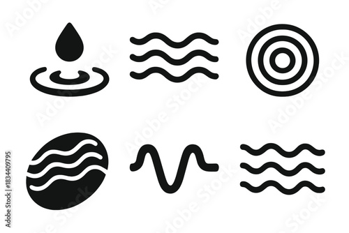 Harmonic Motion Icons. Solid style icons of harmonic motion: rhythmic liquid pulse, vibrating flow pattern, resonant ripple circle