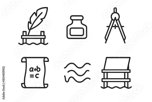 Mathematical Writing Icons. Line style icons of writing dock mathematics: quill on pier, ink bottle, ratio compass, equation