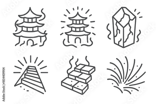 Ethereal Pagoda Icon. Line style icons of time-worn spectral pagoda: layered roof, glowing edges, cracked prism, radiant stairs,