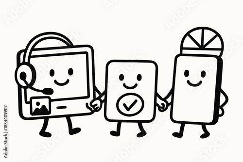 Cooperative Website Components. Charming doodle art of smiling website components helping each other — screen readers, alt text