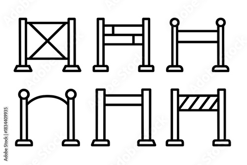Geometric Defense Icons. Icons for: geometric guard structures, linear defense icons, minimalist protection posts, outlined