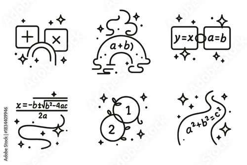 Mystical Math Connections. Icons for: enchanted arithmetic joining concepts, mystical math forming bridges, symbolic equations