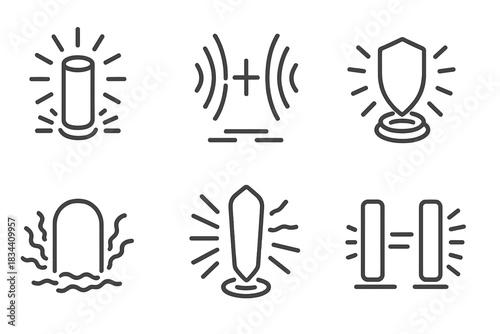 Energetic Defense Icons. Icons for: energetic protective posts radiating motion, charged defense pillars, flowing guard markers,