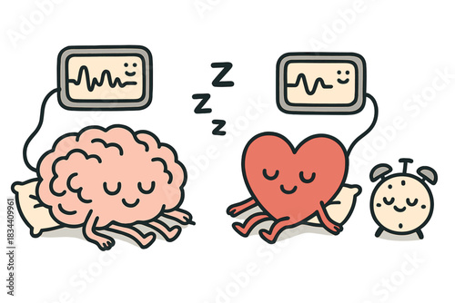 Heart and Brain Resting. Doodle-style vector art of adorable brain and heart resting peacefully as cheerful devices monitor sleep