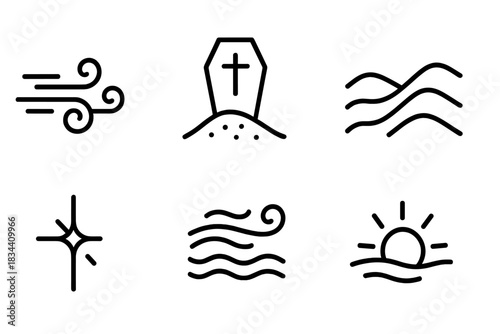 Desert Icons Line Style. Line style icons of desert breeze coffin shift: airy currents, buried chest, dune flow, celestial mark,