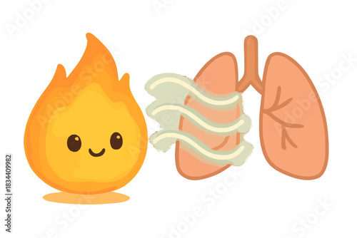 Flame and Lungs Harmony. Cute doodle flame flickering gently in sync with a stylized lung illustration, glowing airwaves forming