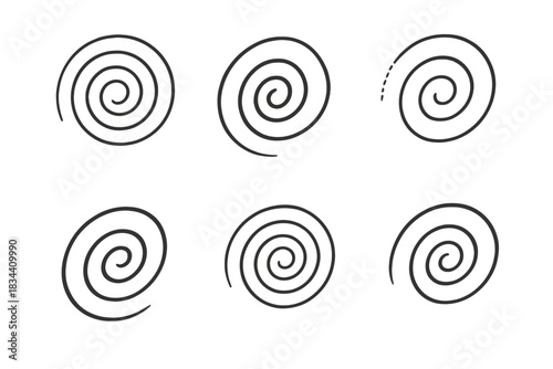 Geometric Spiral Icons. Icons for: geometric spiral writing icons, linear vortex text symbols, minimalist circular inscription