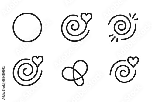 Vortex of Commitment Icons. Line style icons of advancing vortex of commitment: dynamic circle, devotion current, radiant spiral,