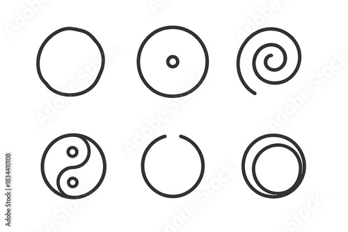 Stone Circle Icons. Line style icons of turning stone completeness: circular rock, pivot mark, balanced swirl, whole symbol,