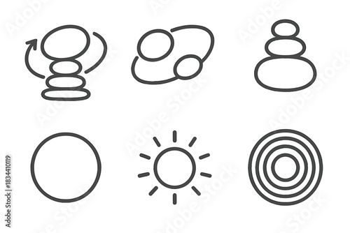 Balanced Motion Stones. Line style icons of balanced motion stone: curved rotation, steady orbit, continuous pebble, smooth circle