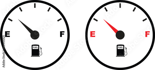 Set of fuel gauge meter icons with full and empty indicator signs. Car dashboard elements showing petrol level. Automotive gas symbol. Vector illustration isolated on transparent background.