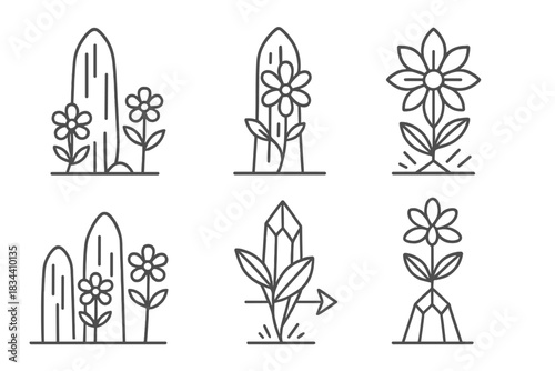 Floral Stone Icons. Icons for: meridional standing stone flowers, axial bloom monoliths, radiant geoglass petals, stone-flower