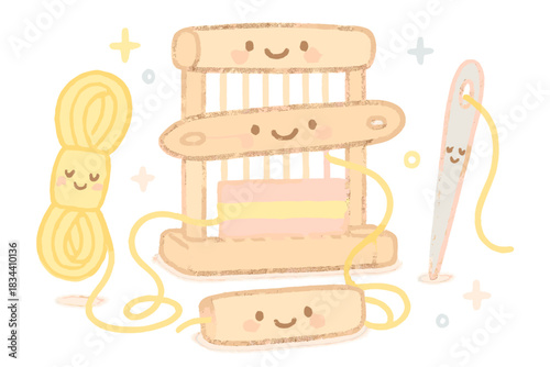 Mini Weaving Delight. A miniature weaving scene with cheerful loom, needle, and golden threads, soft pastel doodle style, No text,