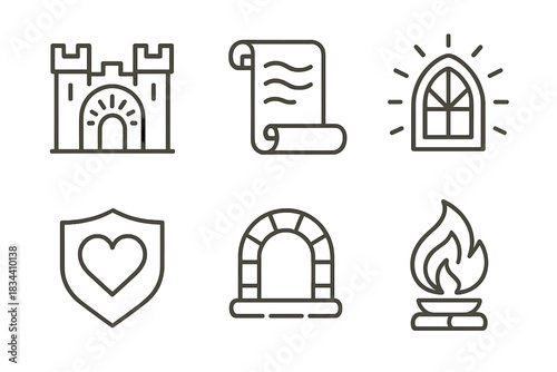 Blissful Tale Icons. Line style icons of blissful tale fortress: radiant gate, narrative scroll, luminous window, heart emblem,