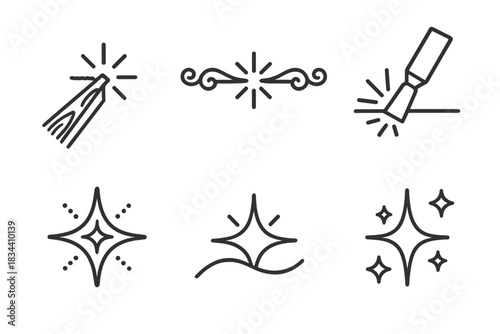 Tailored Sparks Icons. Line style icons of tailored sparks in carvings: engraved spark, ornate beam, glowing chisel mark,