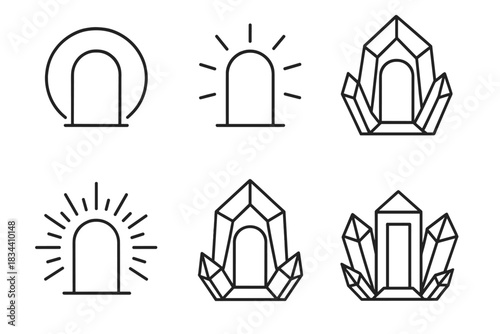 Geometric Portal Icons. Icons for: geometric portal halo diagrams, minimalist entry glow symbols, linear threshold light icons,