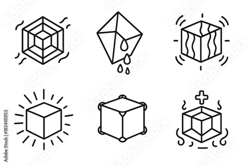 Enchanted Weeping Tesseract. Line style icons of dirge-like magical cube: enchanted tesseract, weeping prism, resonant sides,
