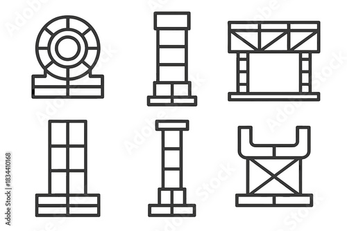 Segmented Structural Icons. Icons for: partitioned bearing structures, segmented transport pillars, divided load frameworks,
