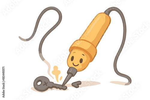 Happy Soldering Iron. A playful soldering iron with a happy face fixing a tiny "dead key," gentle friendly colors, No text, No
