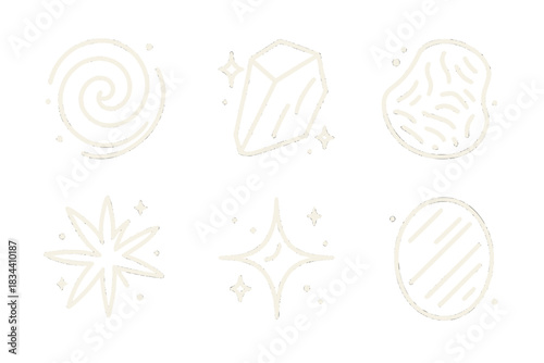 Crafted Luminous Icons. Line style icons of crafted luminous etchings: glowing swirl, carved gleam, radiant texture, intricate