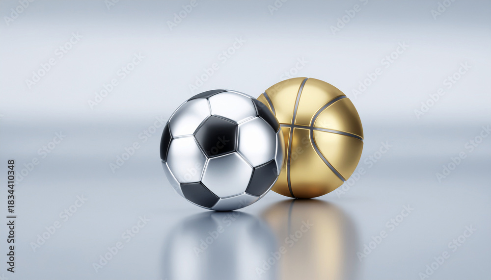 Naklejka premium A striking surreal composition featuring a silver football and a golden basketball side by side. The contrasting metallic textures create a bold, modern, and luxurious aesthetic.