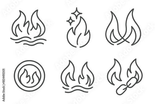 Dynamic Fire Icons. Line vector icons of active fire relationships: interactive flame flows, cooperative spark lines, merging glow