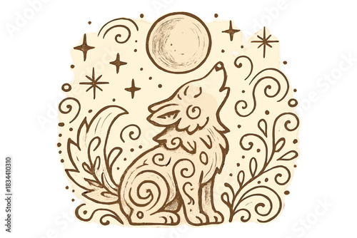 Tribal Wolf Howling. Sweet doodle tribal wolf spirit howling at the moon surrounded by symbolic patterns and soft stars, No text,