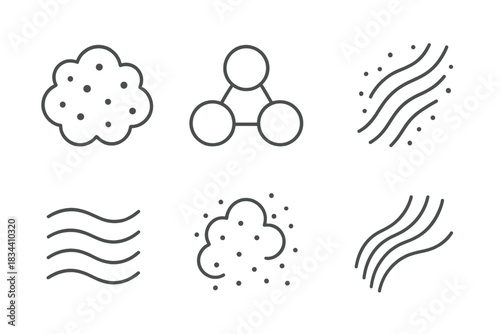 Gentle Particulate Harmonies. Line vector icons of gentle particulate harmonies: soft mist dots, subtle haze bonds, smooth air