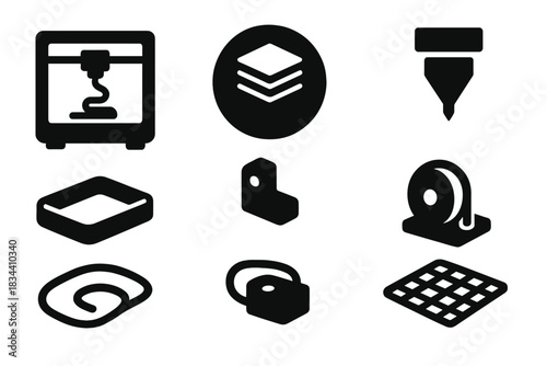 Micro-Factories Icons. Solid style icons of additive manufacturing in micro-factories: small 3D printer icon, layer-by-layer badge