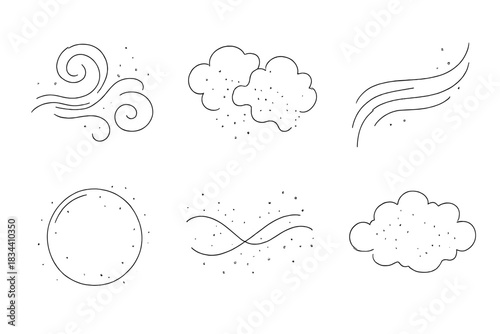 Whispered Particle Icons. Line vector icons of whispered particle blends: merging dust swirls, subtle grain clouds, delicate
