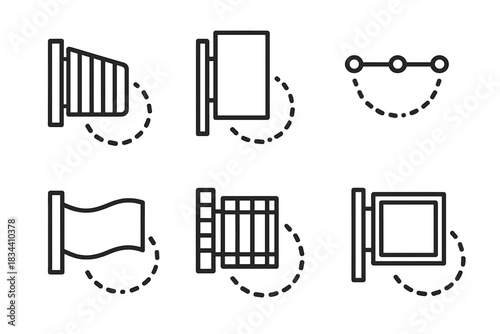 Oscillating Boundary Icons. Line vector icons of oscillating boundary pivots: flowing gate hinges, swaying post arcs, rhythmic