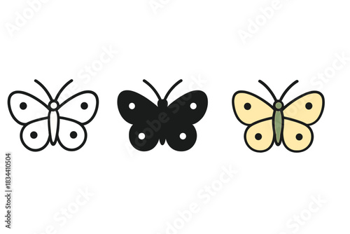 Cabbage White Butterfly Icons. three minimal vector icons of a cabbage white butterfly seen from top view with spotted wings, line