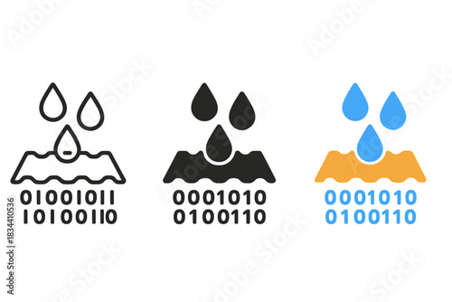 Minimal Raindrop Icons. hree minimal vector icons of raindrops falling on a tin roof creating rhythmic code patterns, line outline