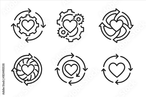 Rotating Passion Mechanisms. Line vector icons of turning desire production: rotating heart mechanisms, circular passion gears,