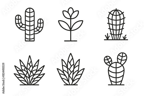 Luminous Botanical Grids. Line vector icons of luminous arid-botany grids: shining cactus meshes, glowing plant lattices, radiant