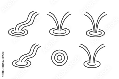 Stream Convergence Icons. Line vector icons of a soft stream converging on a center: flowing curved lines, gentle ripple paths,