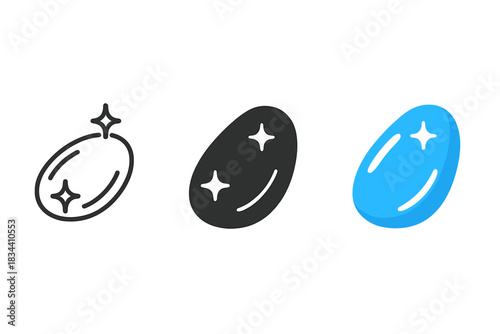 Polished Hematite Icons. three minimal vector icons of a polished hematite stone reflecting light like a mirror, line outline