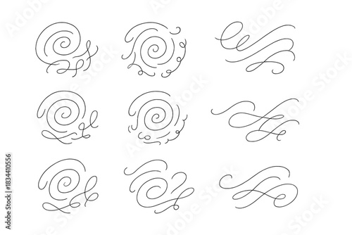 Delicate Script Spirals. Line vector icons of a fragile eddy of inscriptions: delicate script spirals, subtle word curls, faint