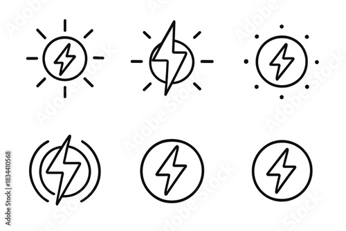 Vector Energy Icons. Line vector icons of a charged hint in a recess: glowing spark symbols, radiant energy hollows, luminous idea